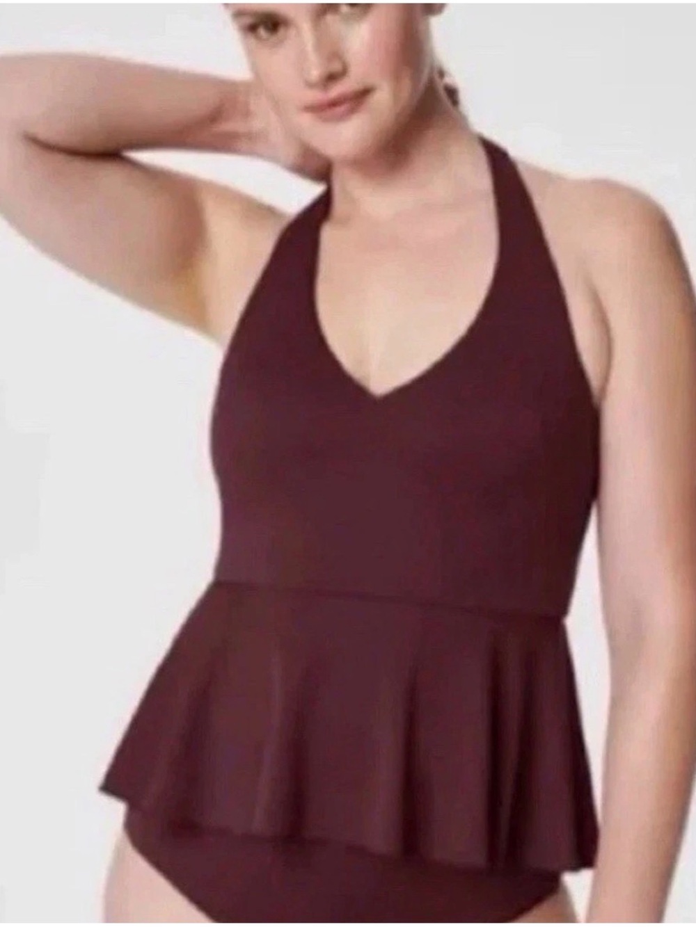 Spanx Pique Peplum Halter Tankini Top - Burgundy